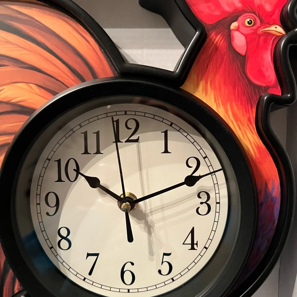 Low Start. NEW Red and Black Rooster Kitchen Wall Clock.